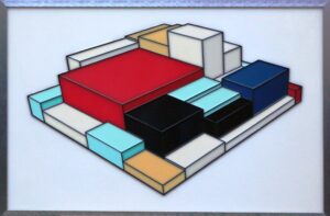 Composition 3D en rouge, bleu, jaune et noir