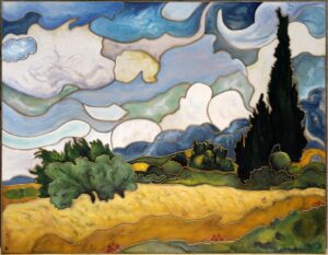 Champ de blé avec cyprès