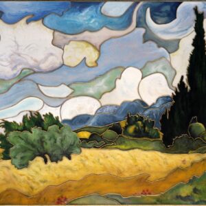 Champ de blé avec cyprès